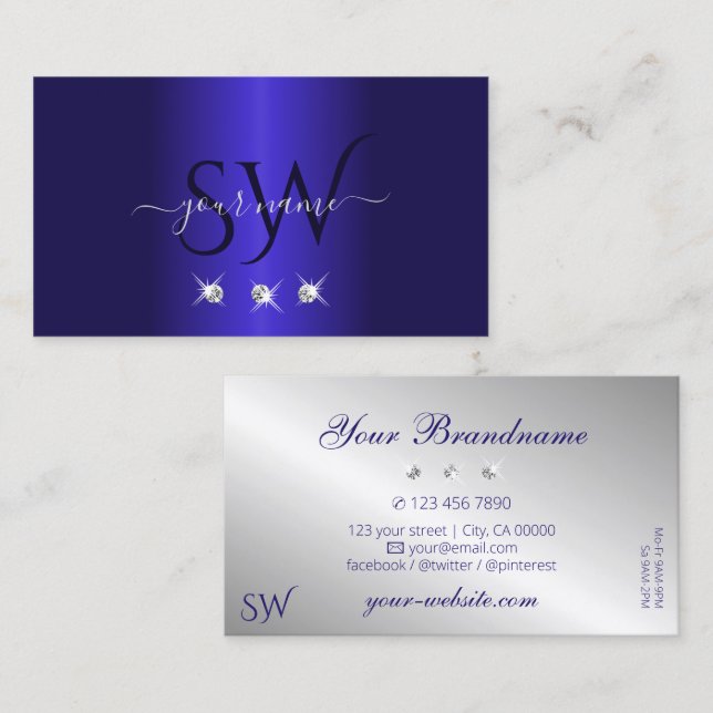 Tarjeta De Visita Elegante Blue Silver Sparkling Diamonds Initials (Anverso / Reverso)