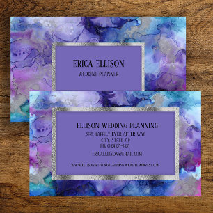 Tarjeta De Visita Elegante Boda Azul Púrpura Plateado Moderna