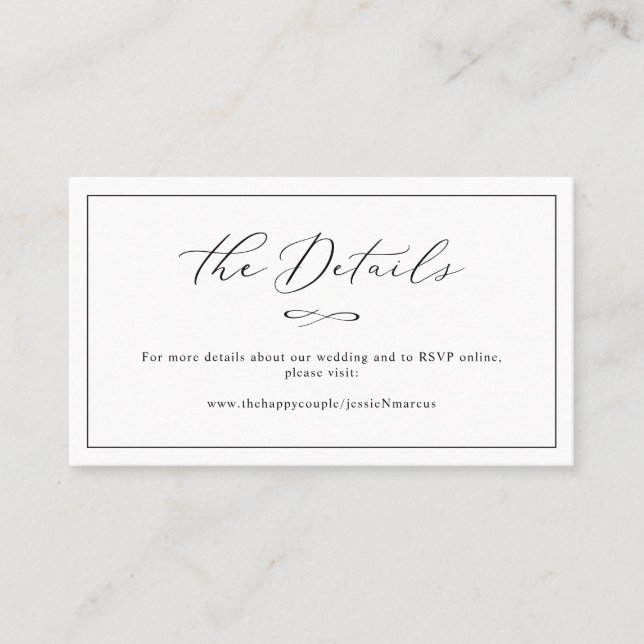 Tarjeta De Visita Elegante Boda de caligrafía lujosa detalles (Anverso)