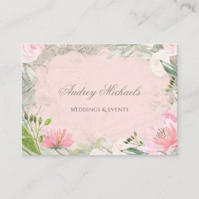 Tarjeta De Visita Elegante Boda floral rosa francés (Anverso)