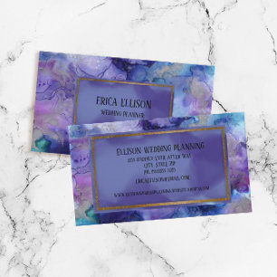 Tarjeta De Visita Elegante Boda Moderna de Acuarela Azul y Púrpura