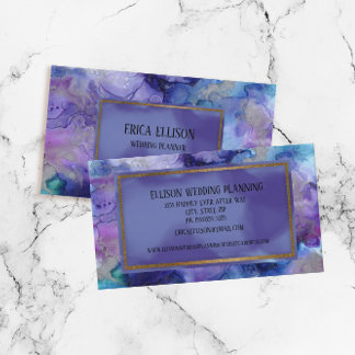 Tarjeta De Visita Elegante Boda Moderna de Acuarela Azul y Púrpura