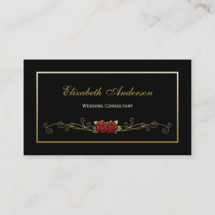 Tarjeta De Visita Elegante Boda negro y dorado, Red Rose