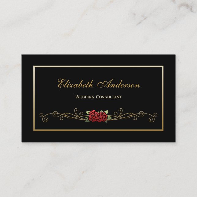 Tarjeta De Visita Elegante Boda negro y dorado, Red Rose (Anverso)