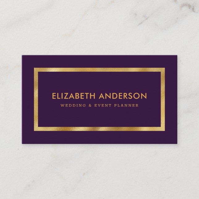 Tarjeta De Visita Elegante Boda púrpura y Relieve metalizado dorado (Anverso)