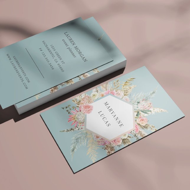 Tarjeta De Visita Elegante Bohemio Floral Monograma Azul (Subido por el creador)