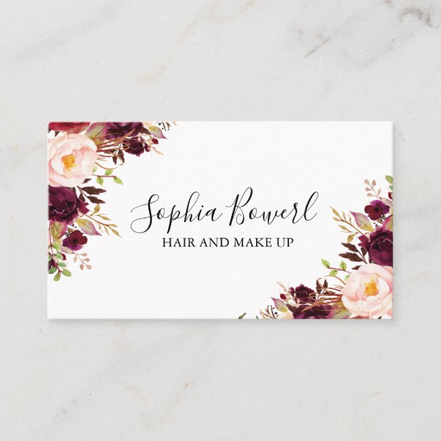 Tarjeta De Visita Elegante Boho Floral Burgundy Peony Rubor (Anverso)