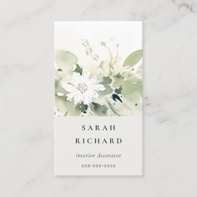 Tarjeta De Visita Elegante Boho moderno Resumen Floral blanca verde (Anverso)