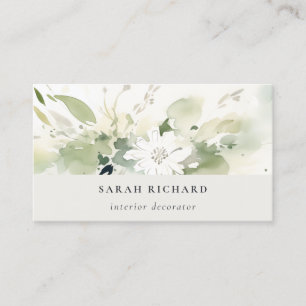 Tarjeta De Visita Elegante Boho moderno Resumen Floral blanca verde