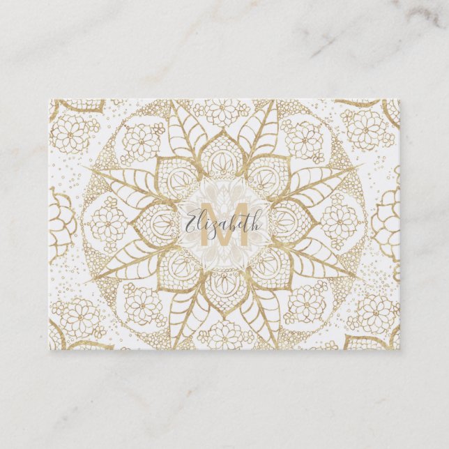 Tarjeta De Visita Elegante Boho White Gold Mandala Floral (Anverso)