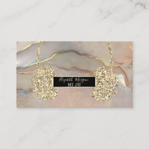 Tarjeta De Visita Elegante Bokeh Dorado Brillo Auricular DJ Mármol