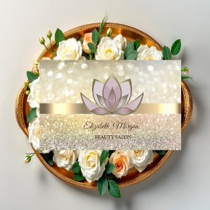 Tarjeta De Visita Elegante Bokeh Dorado, Flores de Loto