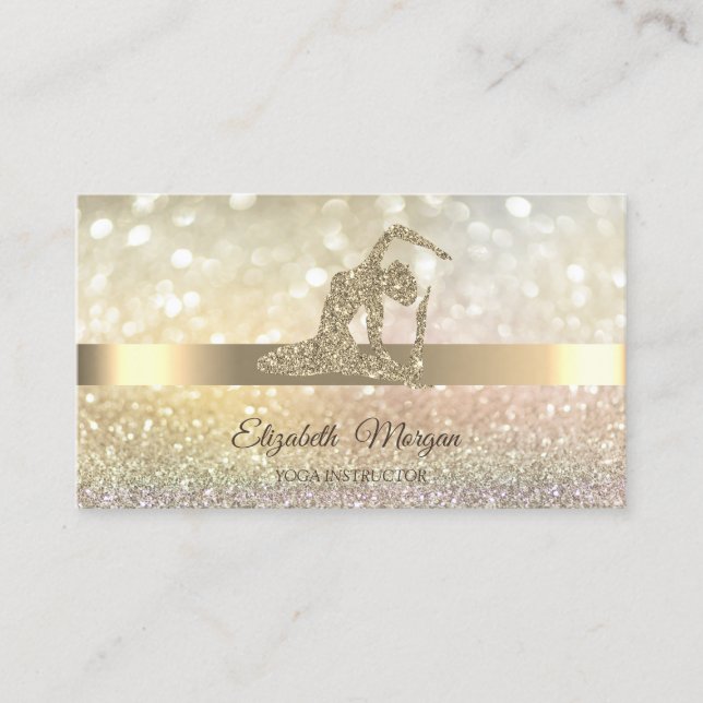 Tarjeta De Visita Elegante Bokeh Gold, Chica de yoga de oro (Anverso)