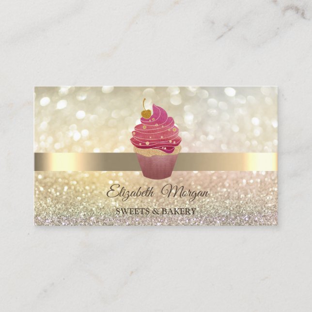 Tarjeta De Visita Elegante Bokeh Gold,Cupcake (Anverso)