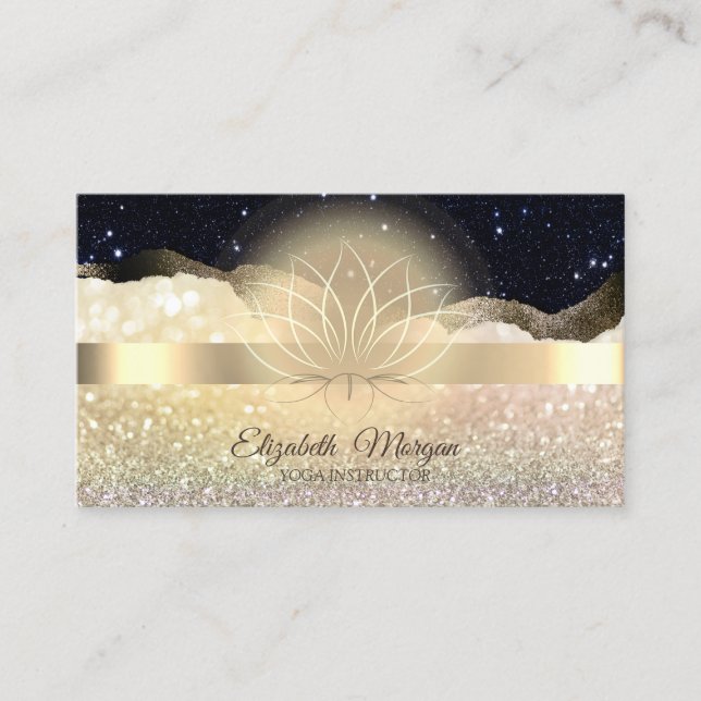 Tarjeta De Visita Elegante Bokeh Gold, Lotus Black Purpurina Yoga (Anverso)