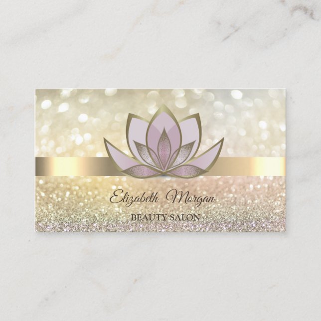 Tarjeta De Visita Elegante Bokeh Gold, Lotus Flowers (Anverso)
