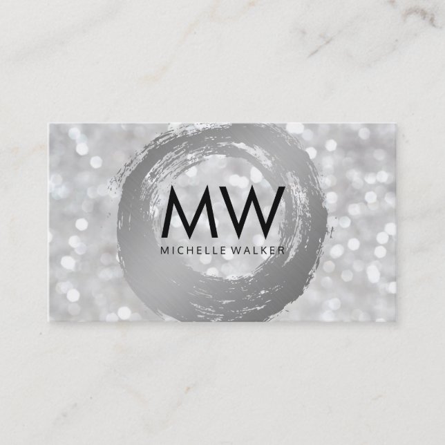 Tarjeta De Visita Elegante Bokeh Mongram Artistic Silver Brushed (Anverso)