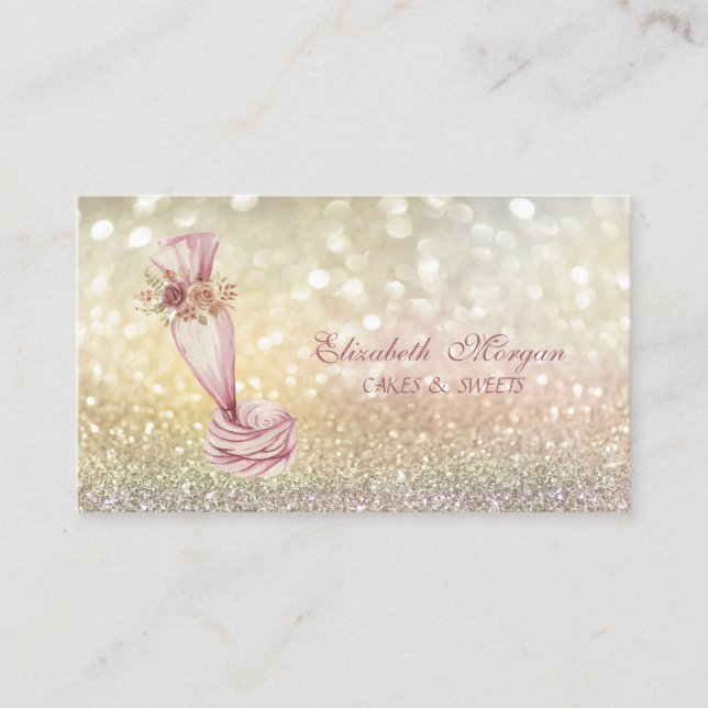 Tarjeta De Visita Elegante Bokeh Piping Bag Flores Whisk Bakery (Anverso)