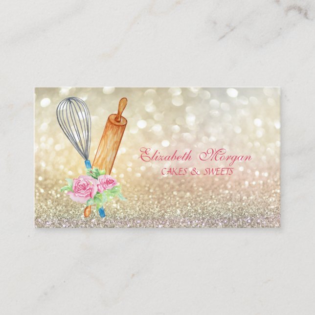 Tarjeta De Visita Elegante Bokeh Rolling Pin Whisk Bakery (Anverso)