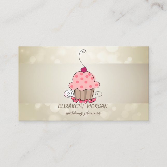 Tarjeta De Visita Elegante Bokeh, Stripe, Cupcake (Anverso)
