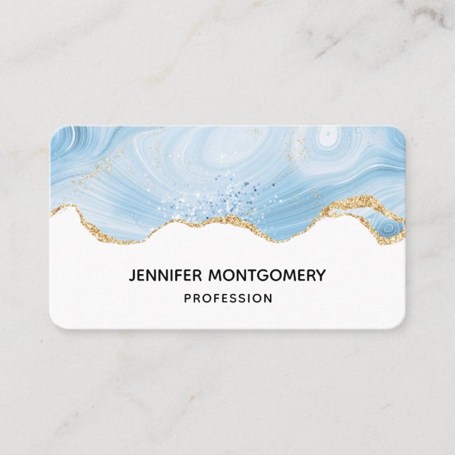Tarjeta De Visita Elegante borde azul y de oro agate (Anverso)