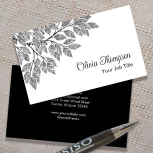 Tarjeta De Visita Elegante Botánica Ramas de Árbol Follaje Blanco y 