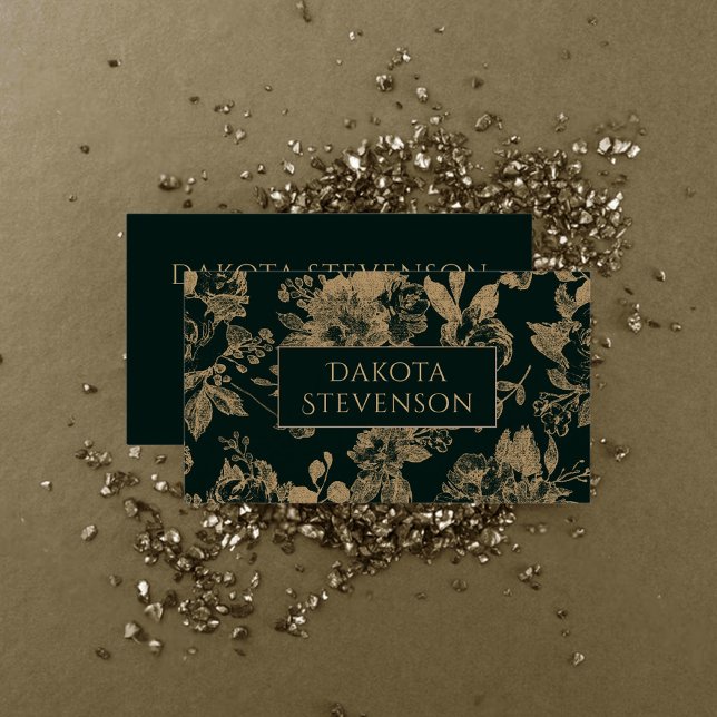 Tarjeta De Visita Elegante botánico | Floral verde oscuro y dorada (Subido por el creador)