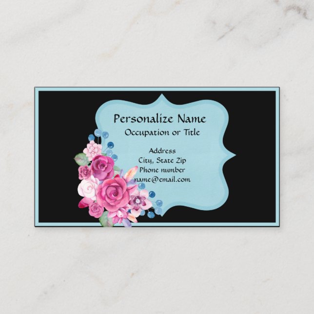 Tarjeta De Visita Elegante Bouquet azul negro floral (Anverso)