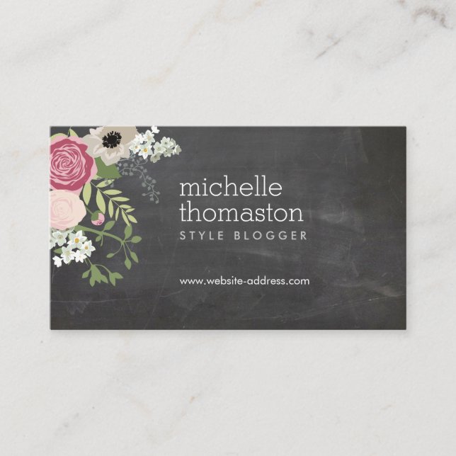 Tarjeta De Visita Elegante Bouquet floral Chalkboard Crafter, blogge (Anverso)