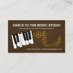 Tarjeta De Visita Elegante Brown Grunge Piano Keys Gold Music Notes