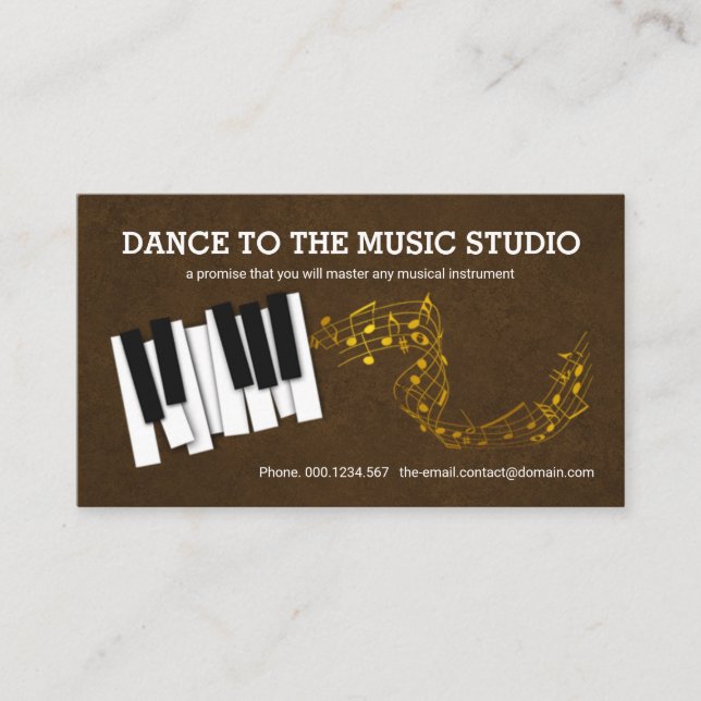Tarjeta De Visita Elegante Brown Grunge Piano Keys Gold Music Notes (Anverso)