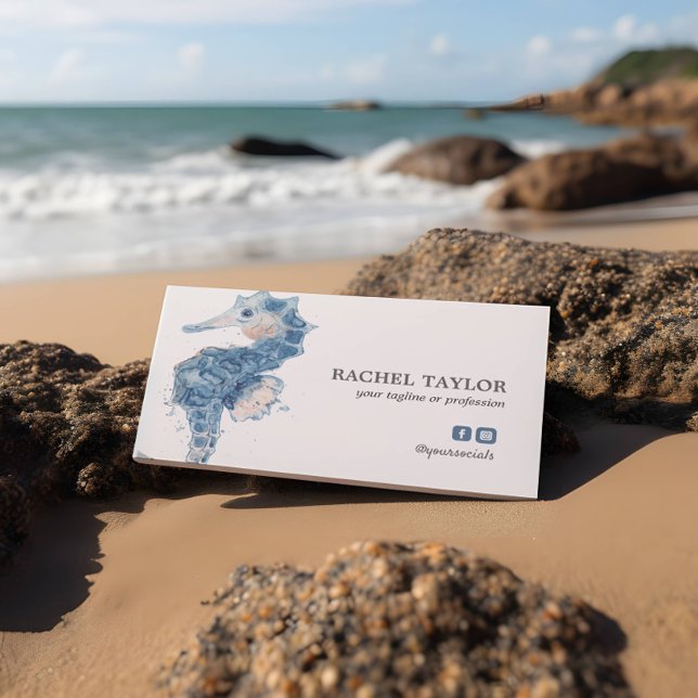 Tarjeta De Visita Elegante caballito tropical de playa azul rosa (SEAHORSE BLUE WATERCOLOR BEACH SEA CREATURE THEMED CARD)