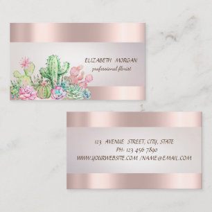 Tarjeta De Visita Elegante Cactus de Raya Chic Suculentas Rosa Dorad