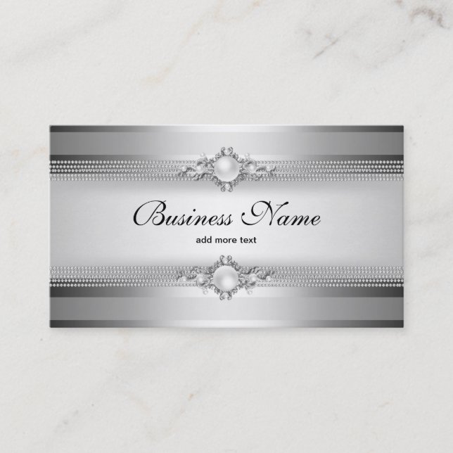 Tarjeta De Visita Elegante Cadena Perla Gris Gris Blanco de Rayas (Anverso)