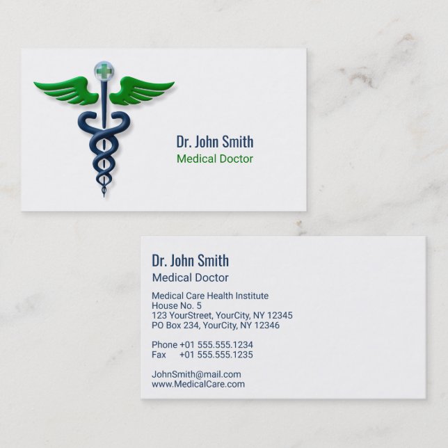 Tarjeta De Visita Elegante Caducto Médico Azul Cruz Verde Alas (Anverso / Reverso)