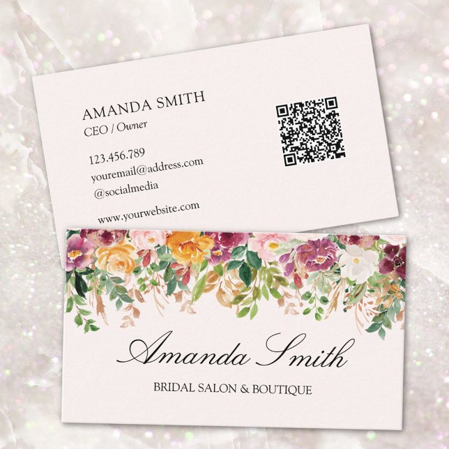 Tarjeta De Visita Elegante caligrafía acuarela Rosa Floral Código QR (Front and back side)