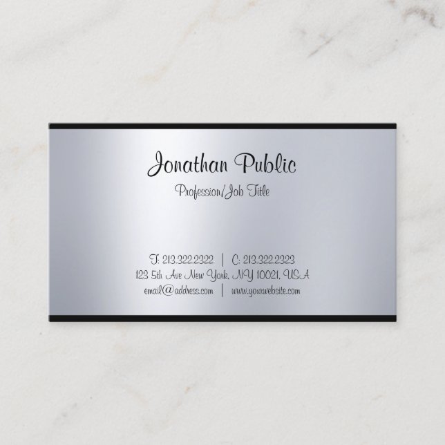 Tarjeta De Visita Elegante caligrafía Script Plata Plata Moderno Top (Anverso)