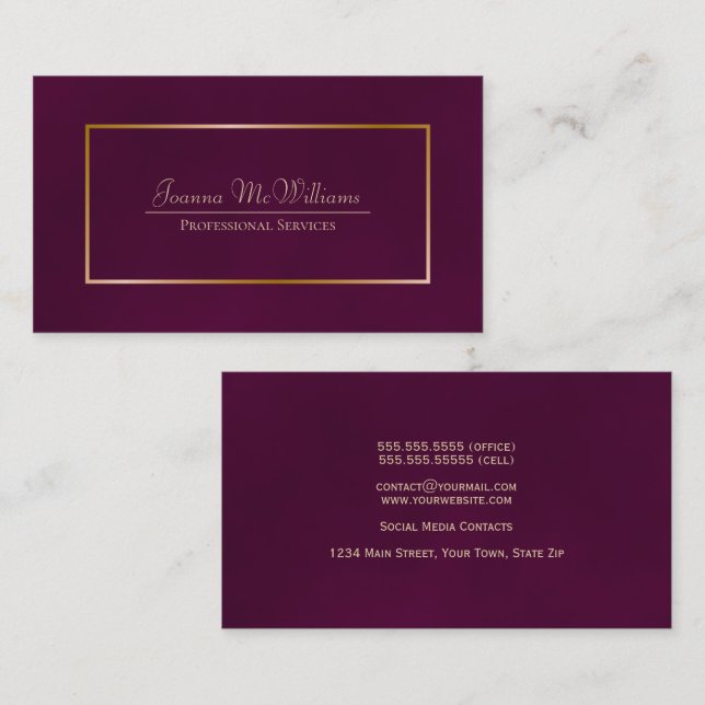 Tarjeta De Visita Elegante Cassis Simple Purple & Gold Profesional (Anverso / Reverso)