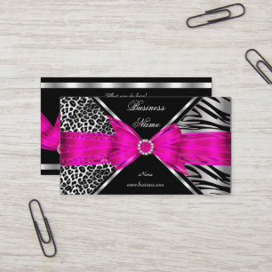 Tarjeta De Visita Elegante Cebra Leopardo Negro Rosa Caliente 2