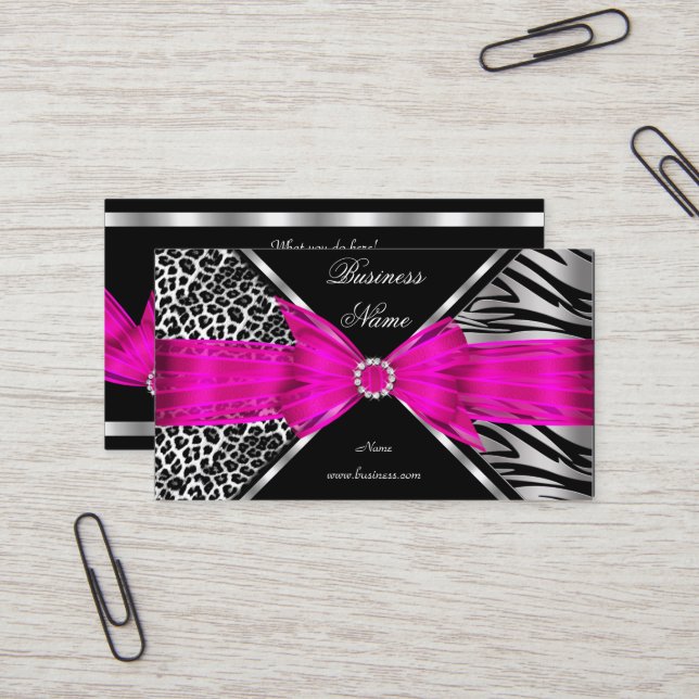 Tarjeta De Visita Elegante cebra Leopardo negro rosa caliente 2 (Anverso/Reverso In Situ)