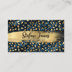 Tarjeta De Visita Elegante cepillo de leopardo azul y Relieve metali