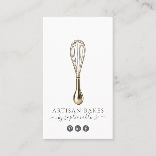 Tarjeta De Visita Elegante chef pastelero de panadería Whisk Gold (Anverso)
