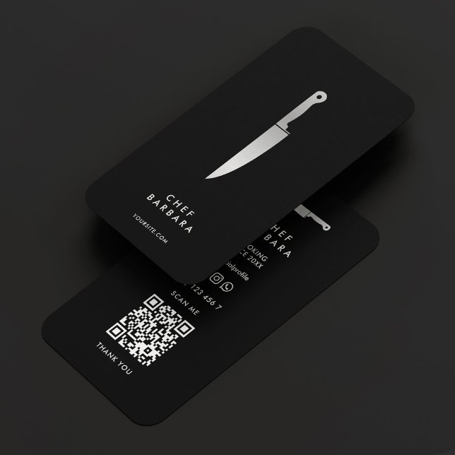 Tarjeta De Visita Elegante Chef Silver Knife Moderno Premium Negro (Elegant Chef Silver Knife Modern Premium Black Business Card
)