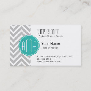 Tarjeta De Visita Elegante Chevron Gris Moderno y Monograma de Menta