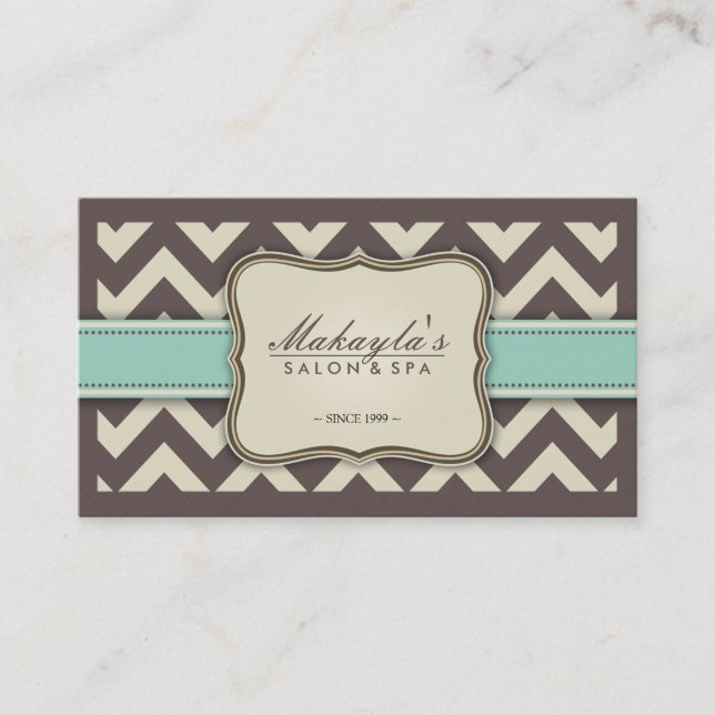 Tarjeta De Visita Elegante Chevron Modern Brown, Green y Beige (Anverso)