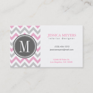 Tarjeta De Visita Elegante Chevron rosa y gris con monograma