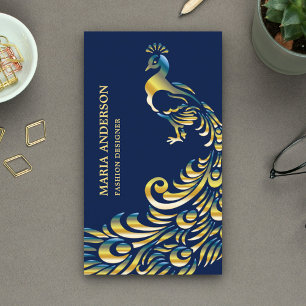 Tarjeta De Visita Elegante Chic Azul Lámina Dorada Brillante Pavo Re