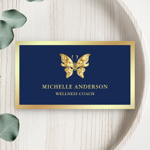 Tarjeta De Visita Elegante Chic Moderno Mariposa con Hoja de Oro Azu