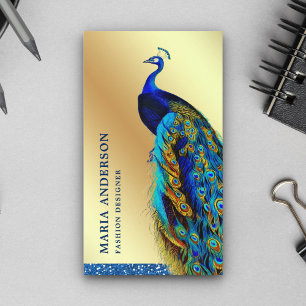 Tarjeta De Visita Elegante Chic Oro Lámina Azul Pavo Real Indio