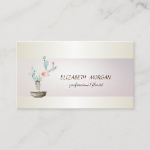 Tarjeta De Visita Elegante Chic Rayas Cactus Suculento Acuarela
